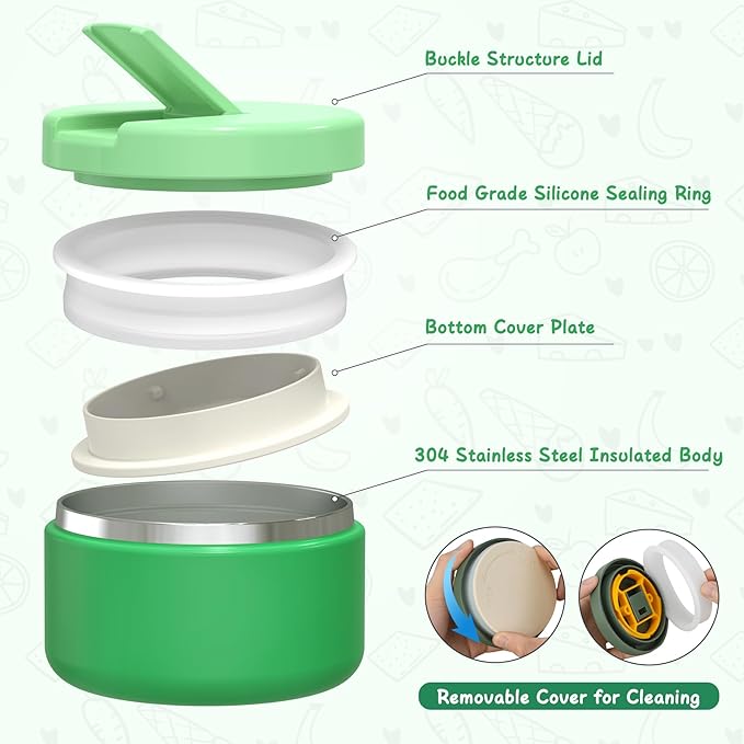 Bento Lunch Box Kids with 8oz Soup Thermo, Leak-Proof Lunch Containers with 4 Compartment, Thermo Hot Food Jar and Insulated Lunch Box for School Green