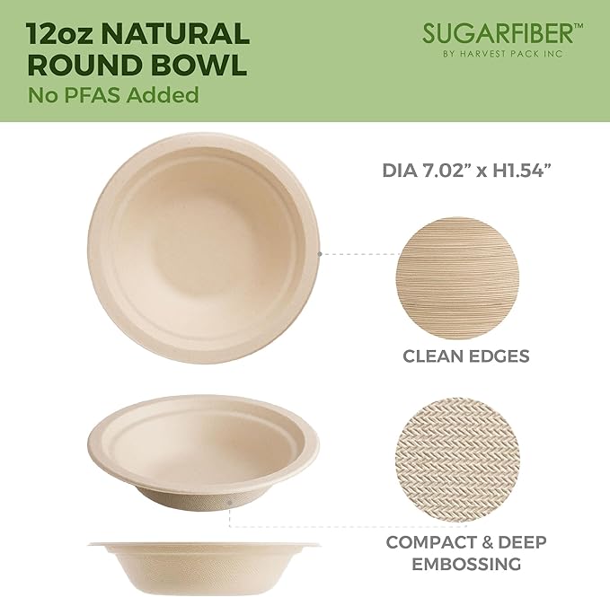 [50 Count] Harvest Pack PFAS Free 12oz Round Paper Compostable Bowls, Heavy-Duty Eco-Friendly Disposable Bagasse Bowls Sugarcane Natural Plant fibers for Meal Prep Takeout Dinnerware