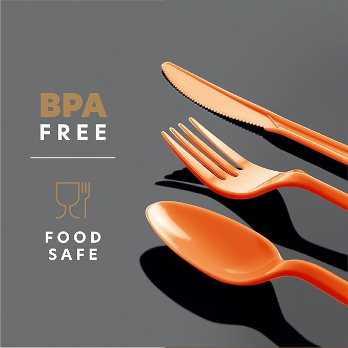 PLASTICPRO 400 Pack Disposable Plastic Utensils Assorted Colored Cutlery Combo Set Forks Spoons Knives Silverware, Orange Plastic Cutlery for Parties