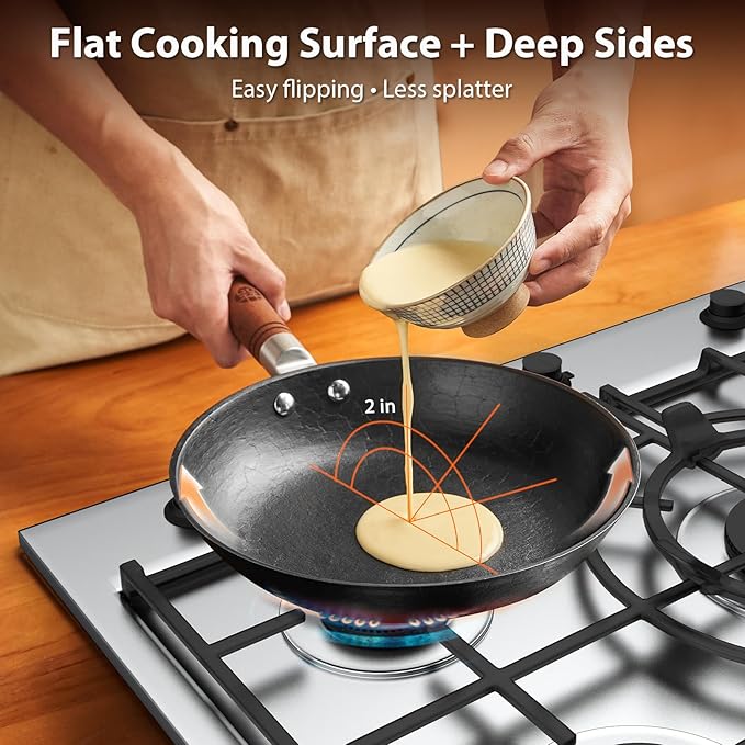 WANGYUANJI 10.2Inch Cast Iron Skillet with Lid-Handcrafted Vintage Frying Pan with Refined Tortoise Shell Texture,Flat Bottom Omelet Pan for Induction,Gas & Electric (Requires Seasoning)