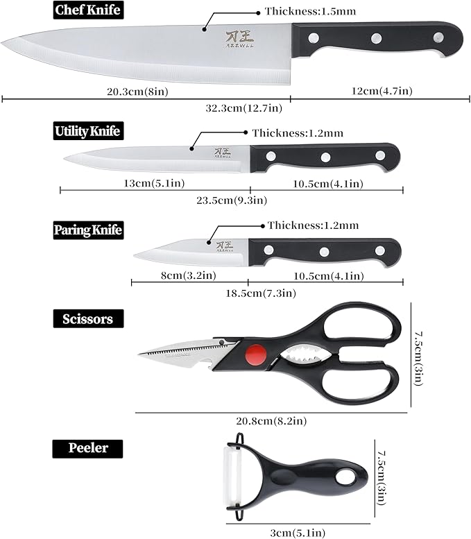 5 Pieces Kitchen knife Set, Knife Set Without Block with Sheathes, Stainless Steel Sharp Blade and Comfortable Handle, Chef Knife Set with Kitchen Scissors and Peeler for Cooking