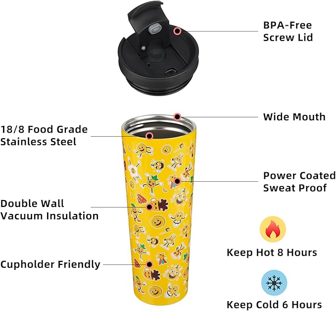 BJPKPK 30oz Insulated Tumbler With lid And Straw Stainless Steel Tumblers Travel Coffee Mug Reusable Thermal Cup,Hawaii Fruits-Yellow (Pack of 2)