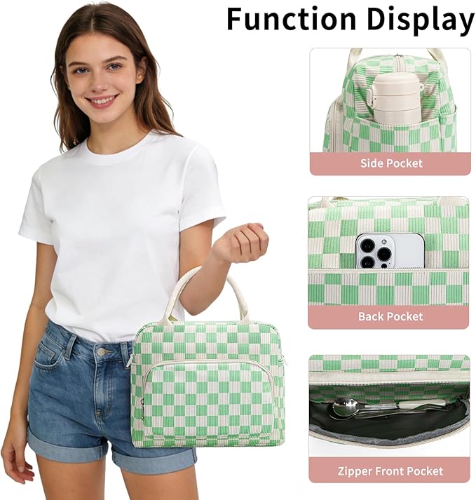Lunch Box for Women Insulated Lunch Bag Women Adult Cute Lunch Bags Reusable Lunchbox Cooler Tote Bag for Work Picnic (Green Plaid)