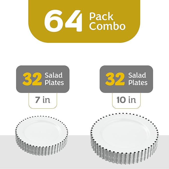 PLASTICPRO 64 Piece Combo Plastic Dinner Plates Disposable Plastic Fancy Heavy Duty Party Dishes 7 inch and 10 inch, White and Black Beaded