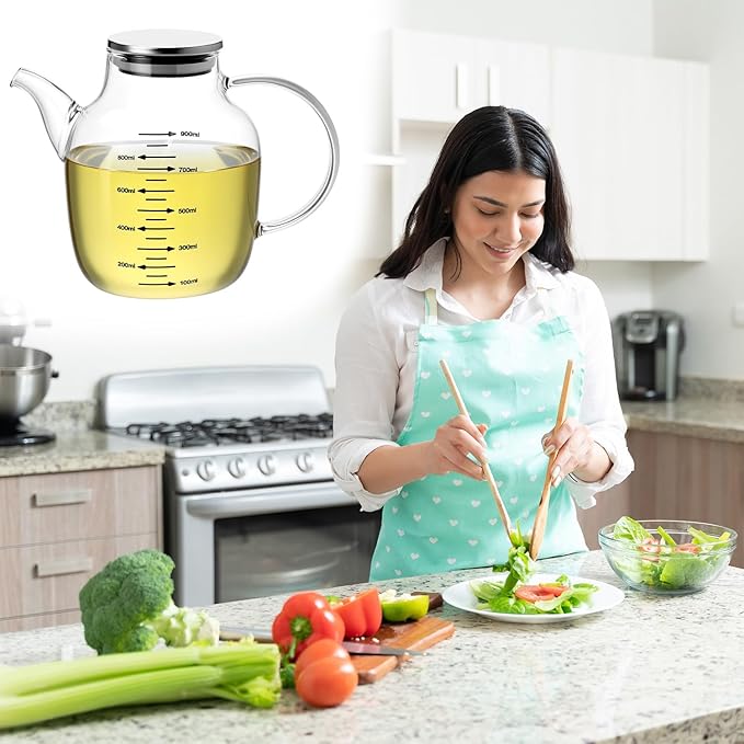 QWORK 900ML/30Oz Large Glass Cooking Oil Bottle with Stainless Steel Lid, Oil & Vinegar Dispenser Bottle, Kitchen No Drip Liquid Container