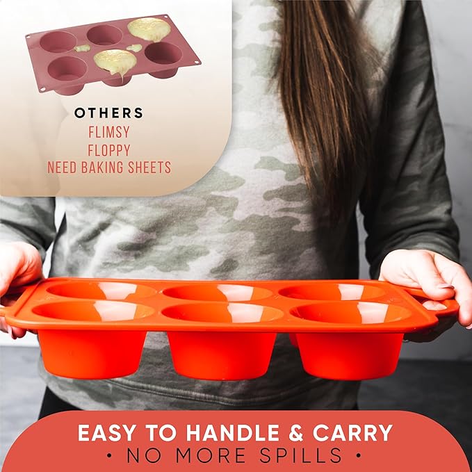 Regular Size 6 Cup Muffin Pan – Silicone Muffin Pans for Baking with Metal Handles – Nonstick Silicone Cupcake Pan, Easy-Release, BPA-Free Muffin Tray, Oven & Dishwasher Safe – Red