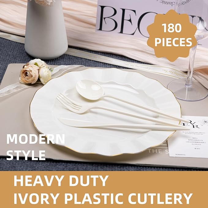 180PCS Ivory Plastic Silverware,Heavy Duty Disposable Utensils Include 60 Forks,60 Spoons and 60 Knives,Ivory Cutlery Plastic Silverware Sets for Party, Birthday,Wedding