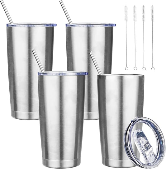 20 oz Tumbler with Lids and Straws, Stainless Steel Insulated Travel Coffee Mug, Double Wall Vacuum Insulated Tumblers, Powder Coated Coffee Tumbler for Cold & Hot Drinks (Silver, 4pack)