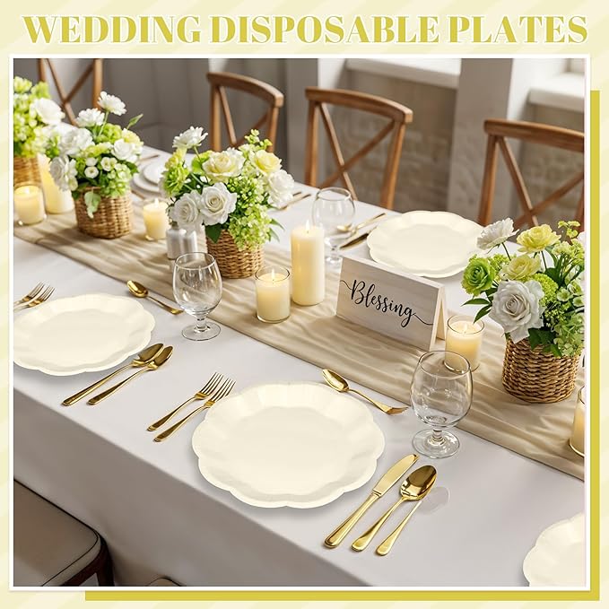 30 Pcs Paper Plates 9 In Cream Party Plates Scalloped Paper Plate Elegant Disposable Plate for Baby Shower, Bridal Shower, Birthday, Wedding