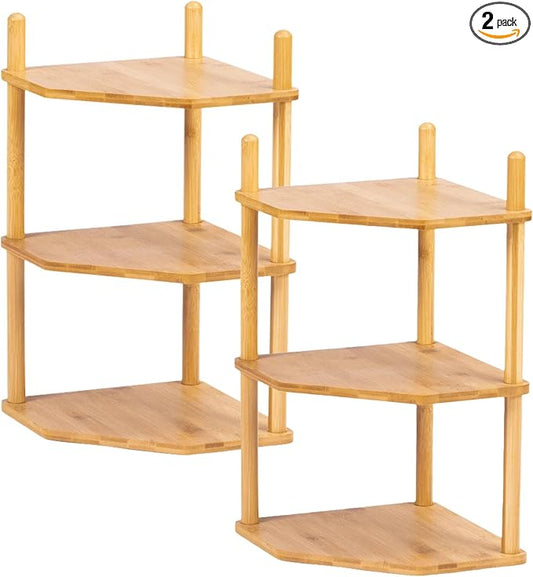 2-Packs 3-Tier Expandable Bamboo Corner Shelf - Dish/Plate Organizer for Cabinet, Kitchen Counter Shelf & Small Kitchen Shelf, Adjustable (2, 3Tier-6.7" H)