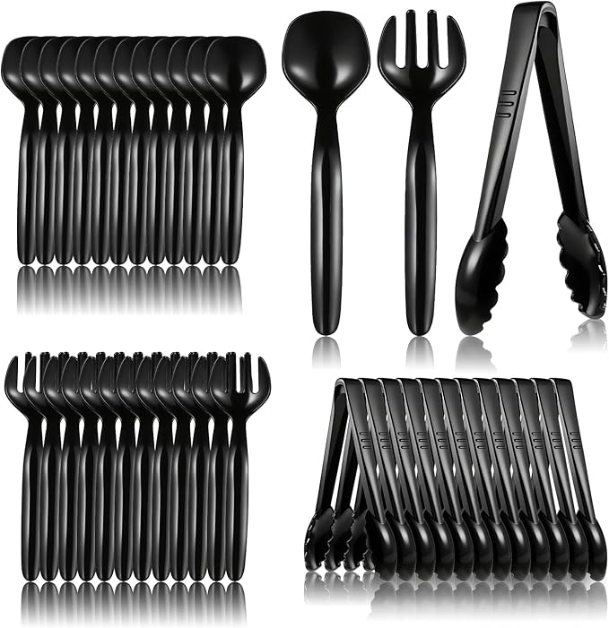 36 Pcs Black Plastic Serving Utensils Set, 9'' Disposable Serving Spoons Forks Tongs for Servings Food Heavy Duty Party Utensils for Dinner Parties Buffets Banquets Birthday Weddings Daily Use