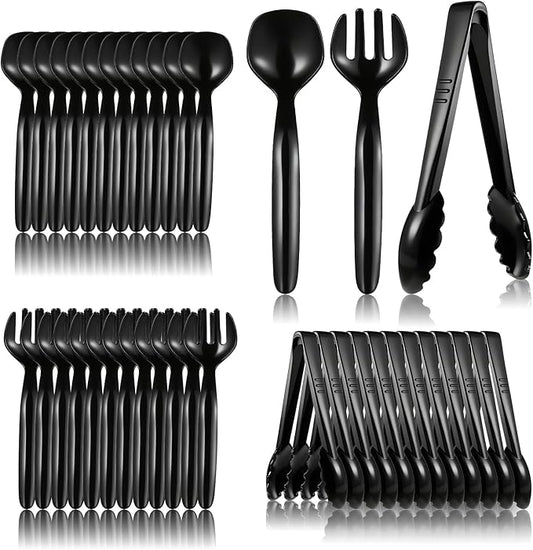 36 Pcs Black Plastic Serving Utensils Set, 9'' Disposable Serving Spoons Forks Tongs for Servings Food Heavy Duty Party Utensils for Dinner Parties Buffets Banquets Birthday Weddings Daily Use
