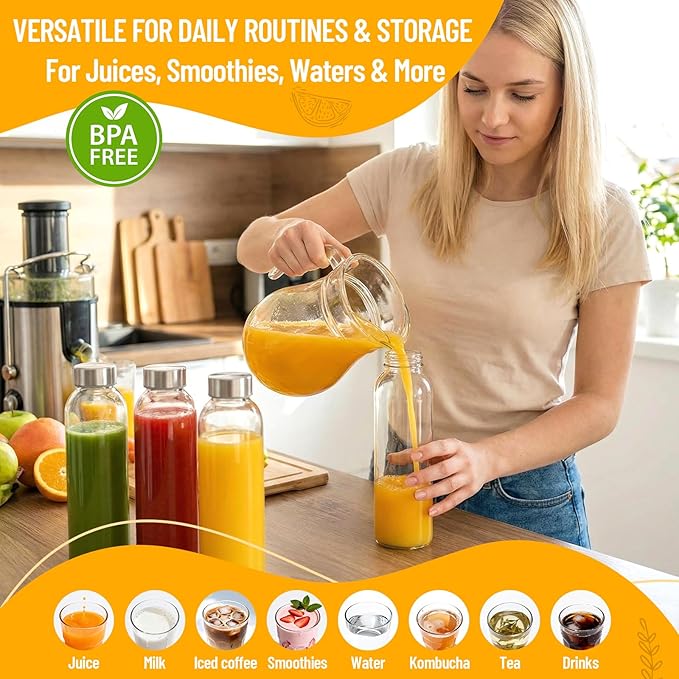 24 oz Clear Glass Juice Bottles with Lids, Reusable Refillable Water Bottles for Juicing,Refrigerator,100% Leak Proof, BPA Free, Juice Water Bottle Set of 10