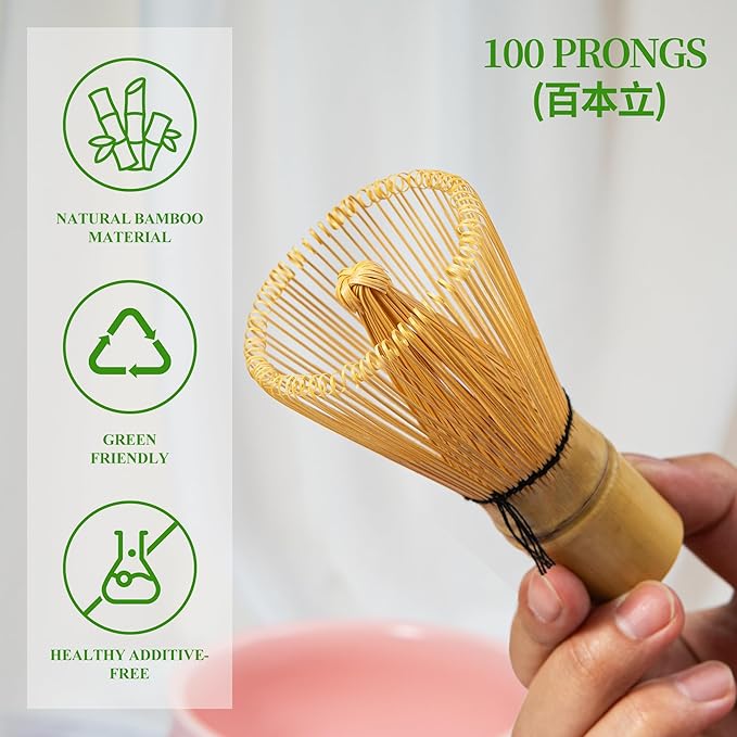 Matcha Whisk Set Matcha Making Kit Bamboo Chasen Ceramic Whisk Holder Stand Sifter Scoop Japanese Tea Tools (Pink Printing)