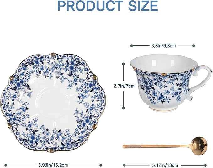 Vintage Floral Porcelain Tea Cup and Saucer Set with Spoon, Gold Trim, 6.4 oz – Set of 2, Blue – Tea & Espresso & Coffee Cups (2, China Flower)