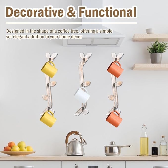 3 Pack Wood Coffee Mug Wall Rack with 9 Hooks Wall Mount Coffee Cup Holder White Espresso Cup Display Stand Tea Cup Hanger Display Wall for Kitchen Cafe Bar