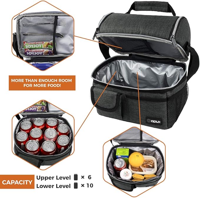 OPUX Lunch Box for Men, Adult Lunch Box Cooler, Insulated Lunch Bag Women, Dual Compartment Lunchbox for Work, Leakproof Double Decker Lunch Bag, Soft Lunch Pail Tote Boys Girls Kids School, Dark Gray