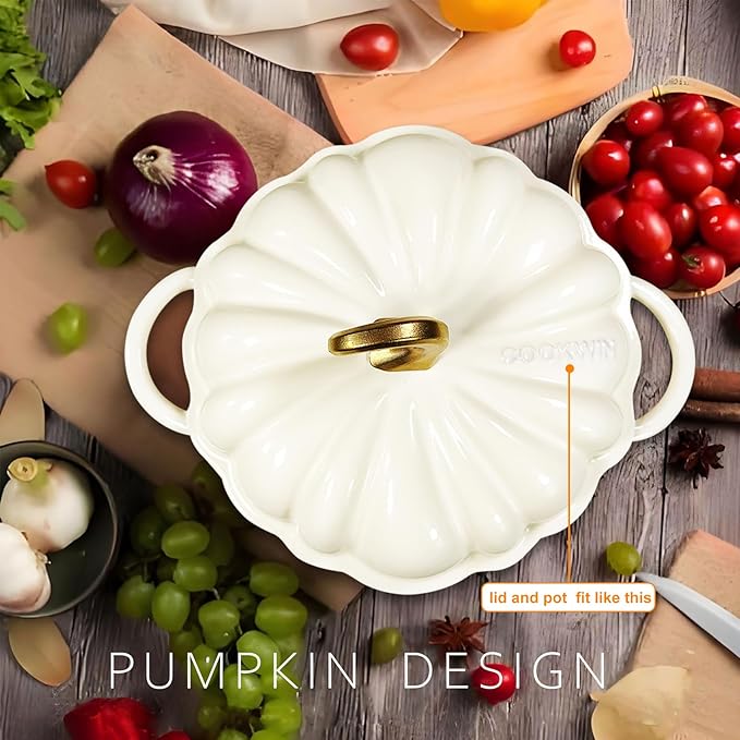 Pumpkin Cast Iron Dutch Oven with Lid, 4.5QT Heavy-Duty Enameled Pot with Dual Handles, Serves 3-5, Oven Safe for Bread Baking, Braising, Cooking and Family Gifts, White