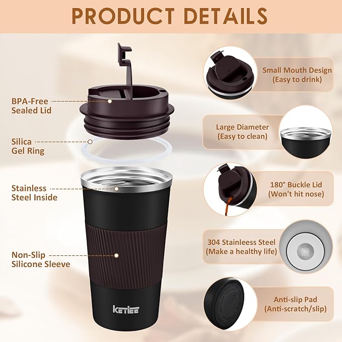 KETIEE Travel Mug, 12oz Insulated Coffee Cup with Leakproof Lid, Vacuum Stainless Steel Double-Wall Travel Coffee Mug Spill Proof, Reusable Tumbler for Men and Women for Hot & Cold Water Tea