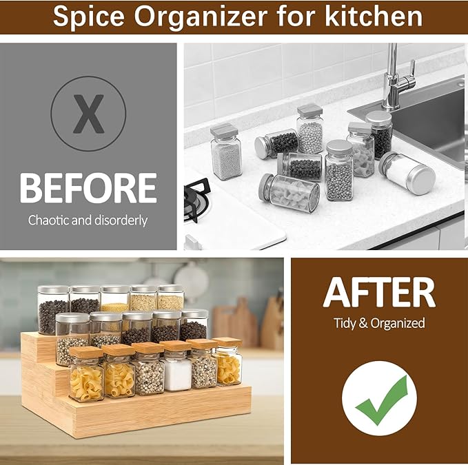 2 Pack Spice Rack Riser for Cabinet, Bamboo Spice Organizer Display Shelf for Kitchen Countertop