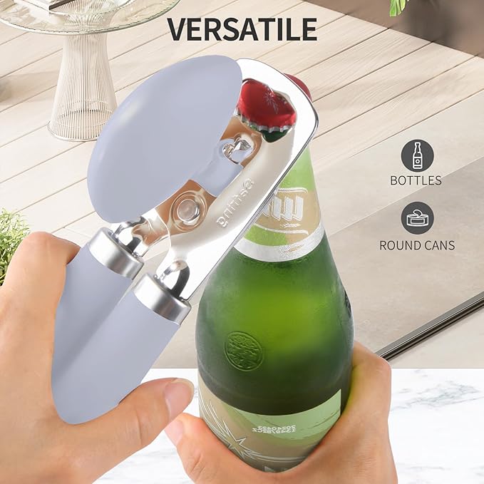 Can Opener Manual, Heavy Duty Stainless Steel Smooth Edge Can Opener With Soft Touch Handle, Oversized Handheld Easy Turn Knob, Multi-Function Bottle Opener, Lavender