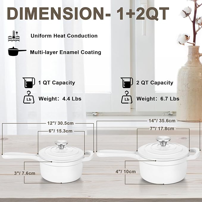 1 Qt & 2 Qt Pots and Pans Set, Leonyo Enameled Cast Iron Saucepan with Lid, Small Cast Iron Dutch Oven Kitchen Cookware Appliances for All Cooktops Cooking Pasta, Milk, Egg - Up to 500°F, White