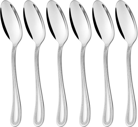 HaWare 6 Pieces Serving Spoons, Stainless Steel Silverware Serving Utensils, Pearled Edge Hostess Silverware for Buffet Party Kitchen Restaurant, Mirror Finished & Dishwasher Safe