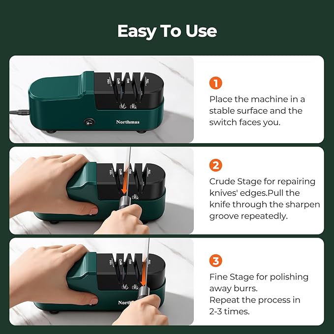 Knife Sharpener, Professional Electric Knife Sharpener for Home Use, 2 Stages for Quick Sharpening & Polishing, 100V-240V Global Voltage Design, Green