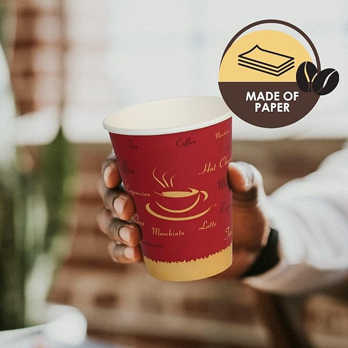 PAMI Disposable Coffee Cups, Single-Use Paper Cups, To-Go Hot Beverage Cups for Espresso Coffee Tea Hot Chocolate, Leak Resistant, Cafe & Home Use (1000, 12oz)
