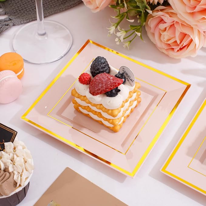 bUCLA 100PCS Pink Square Plastic Plates - 6inch Disposable Pink and Gold - Premium Hard Square Small Appetizer/Cake Plates for Wedding, Party & Easter
