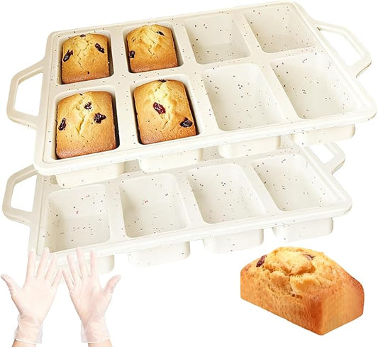 2Pack Mini Loaf Pan with Metal Frame & Gloves, Nonstick 8 Cup Cavity Mini Loaf Pans, Small Bread Pans for Baking, Tiny Silicone Baking Pan for Baking Cornbread, Brownie Dishwasher Safe
