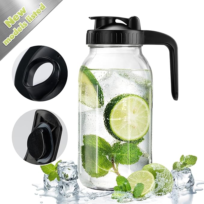 Mason Jar with Pour Spout Lid V-shaped, 64 oz Iced Tea Pitcher with Lids Double Leak Proof, 2 Quart Drink Pitcher for Breastmilk, Sun Tea, Juice, Coffee Creamer, Juice Containers