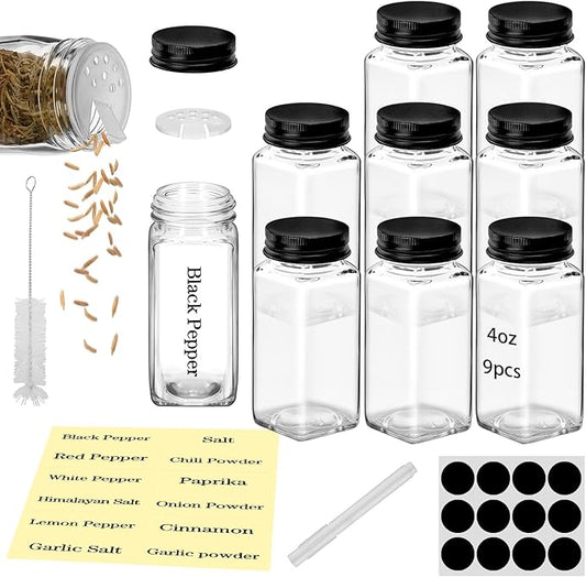 9Pcs 4 oz Square Glass Spice Jars with Label, Empty Containers with black iron Lids, Square Seasoning Containers Trial and Supplement Set, Small Seasoning Bottles for Salt, Herbs, Sugar, Pepper (9)