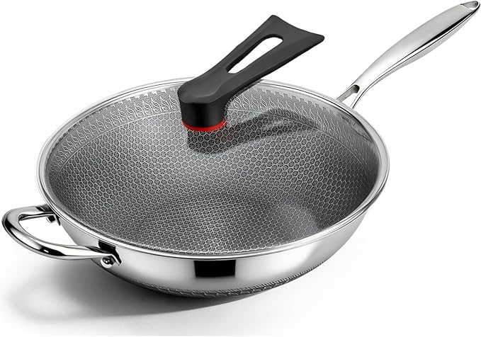 12 Inch Stainless Steel Honeycomb Wok with Standing Lid, Flat Bottom Stir Fry Pan, PFOA-Free Physical Nonstick, Induction Compatible & Dishwasher Safe Wok
