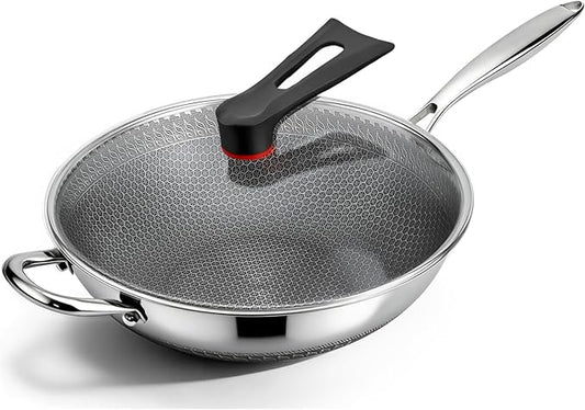 12 Inch Stainless Steel Honeycomb Wok with Standing Lid, Flat Bottom Stir Fry Pan, PFOA-Free Physical Nonstick, Induction Compatible & Dishwasher Safe Wok