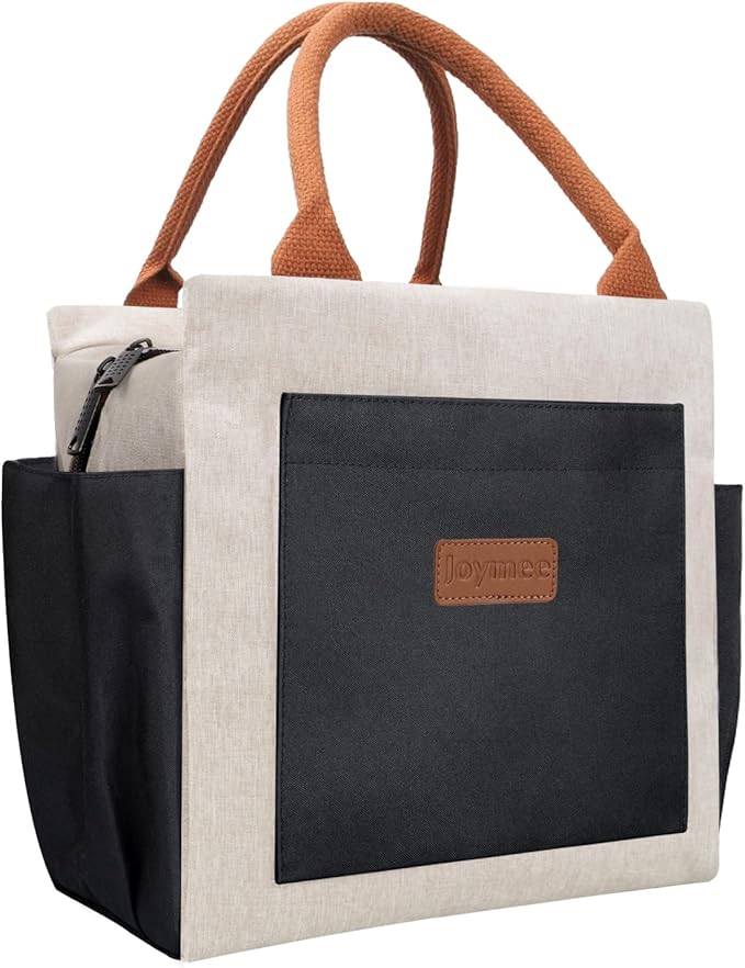 Joymee Lunch Bag Women Insulated Lunch Box Reusable Leakproof Large Spacious Cooler Tote for Women Men Adult with Bottle Holder and Side Pockets for Work Office Travel Picnic - Beige Black
