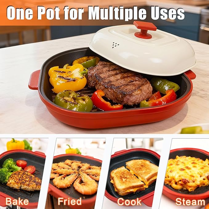 Microwave Grill Pan with Cover, Microwave Cookware Multi-Use for Grilling, Frying, Browning and Crisping, Microwave Bacon Cooker, Omelette Maker, Omelette Pan, Quesadilla Maker, Easy to Clean (Red)
