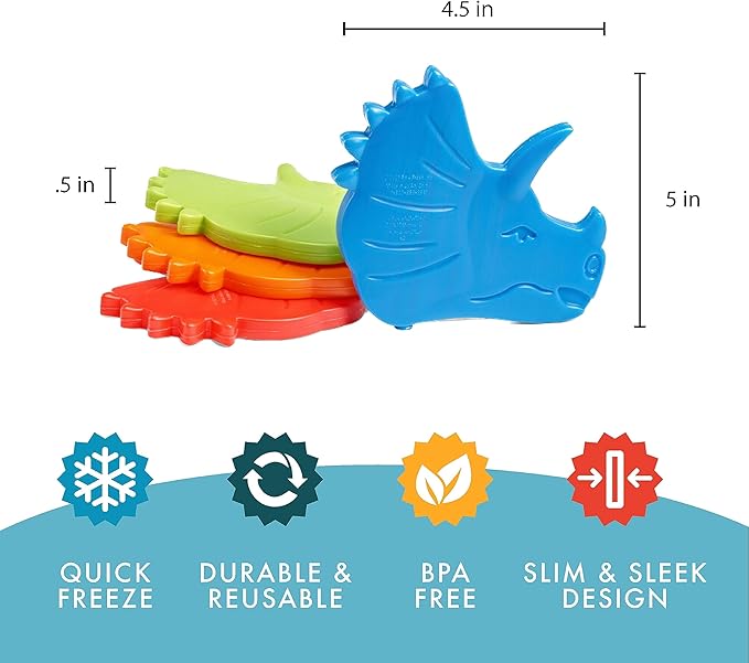 Cool Coolers by Fit & Fresh Kids Lunch Box Ice Packs, Slim Shaped Freezer Pack for Lunch Bags and Coolers 4 Pack Dinosaur Multicolor Dinosaur