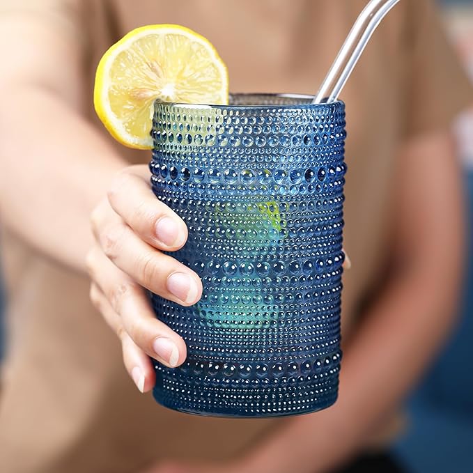 Large Hobnail Drinking Glasses Set of 6, 15oz Blue Vintage Glassware, Embossed Glass Cups, Water Tumbler, Highball Glasses For Beer, Juice And Various Mixed Drinks