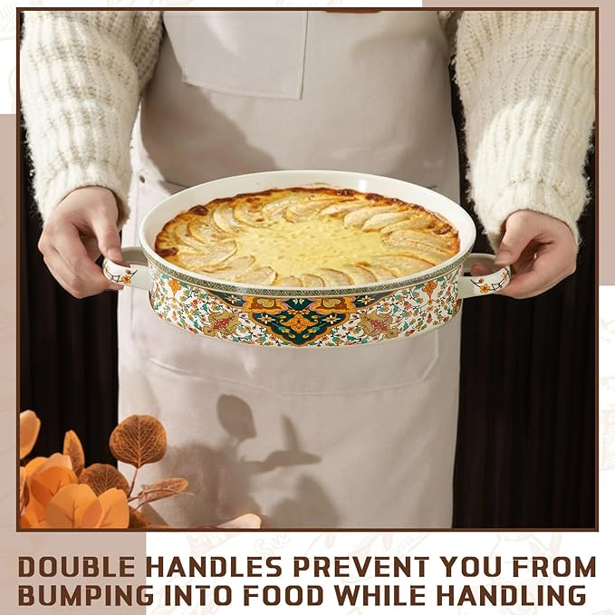 11 Inch Enamel Pie Pan Vintage Art Enamel Non-stick Baking Dish Oven and Dishwasher Safe for Turkey Pizza Desserts Easter Gift for Wife Baking Dish(Retro Style)
