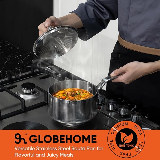 2 Quart Stainless Steel Sauce Pan with Lid, 5-Ply SaucePan Even Heating with Stay-Cool Handle, Professional Cookware for Induction, All Stoves, Oven and Dishwasher Safe