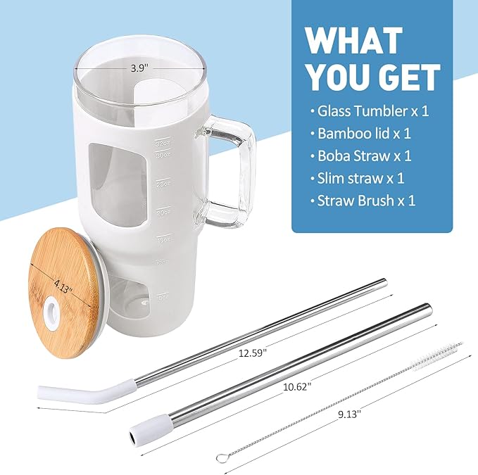 Glass Tumbler with Straw and Lid, 32 oz Glass Cup with Handle, Glass Water Bottles with Time Marker, Silicone Protective Sleeve - White