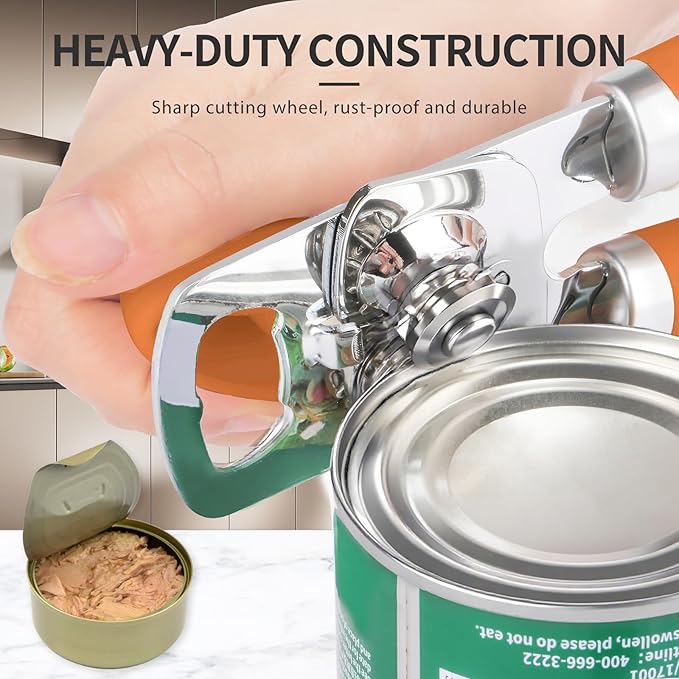 Can Opener Manual, Heavy Duty Stainless Steel Smooth Edge Can Opener With Soft Touch Handle, Oversized Handheld Easy Turn Knob, Multi-Function Bottle Opener, Orange