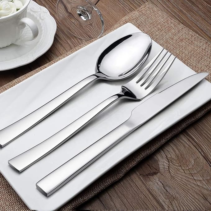 Silverware Set for 6, CXJY 30-Piece Stainless Steel Flatware Cutlery Set, Square Edge Kitchen Utensil Include Knives/Forks/Spoons, Tableware for Home/Hotel, Mirror Polished Dishwasher Safe