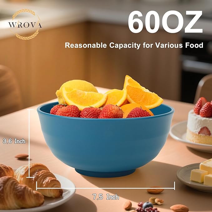 Wrova Big Salad Bowls for Kitchen, Premium 60oz Wheat Straw Bowls Set of 6, Unbreakable Cereal Bowls Popcorn Bowls Reusable, Microwave Safe Salad Bowls Large Serving for Fruit,Rice and Oatmeal- Blue