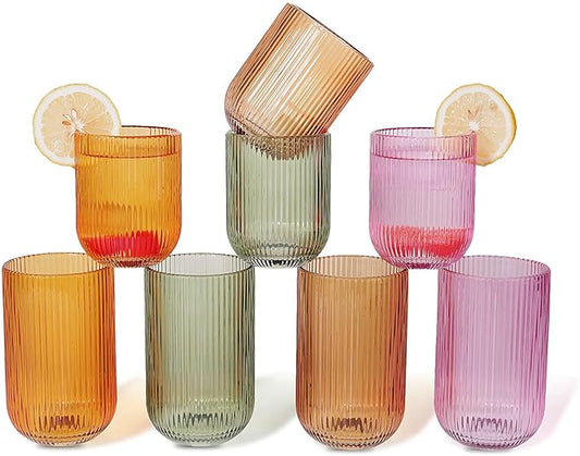 Set of 8 Dopamine-colored-match Ribbed Glassware,4 Highball Glasses 14oz & 4 Rocks Drinking Glasses 9oz, Origami Style, Fluted Design, for Daily use, Water, Cocktail, Whiskey, Kitchen, Gift