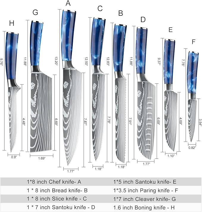 Dfito Chef Knife Sets with Roll Bag, 9 Pieces Professional Knife Set, High Carbon Stainless Steel Kitchen Chef Knife Set, Blue Resin Handle, Dishwasher Safe