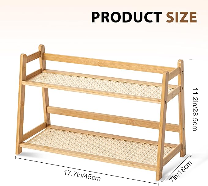 1 Pcs 2 Tier Matcha Station Shelf Bamboo Coffee Mug Stand Countertop Storage Rack, Double Layer Rattan Office Cup, Kitchen, Tea, Plant, Bar Accessories Condiment Display (Wood,17.7 Inch)