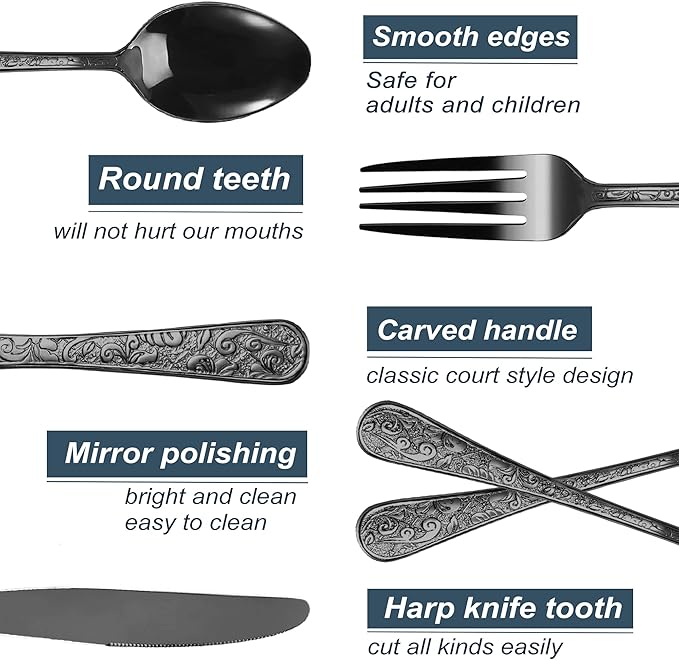 Runfly Vintage Carved Black Stainless Steel 20 Pieces Flatware Set, Black Silverware Set, Modern Embossed Cutlery Set Utensils Including Fork Spoon and Knife