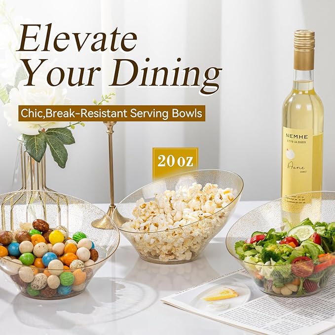 Liacere 16 Pack Gold Plastic Serving Bowls - 20 OZ Angled Party Table Salad and Fruit Bowls Disposable for Chip & Candy, Ideal for Wedding＆ New Year